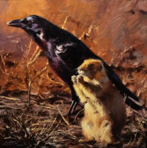 Odd Couple, Raven and Praire Dog, Mitch Caster Fine Art, mitchcasterfineart.com, Oil on Canvas, Colorado